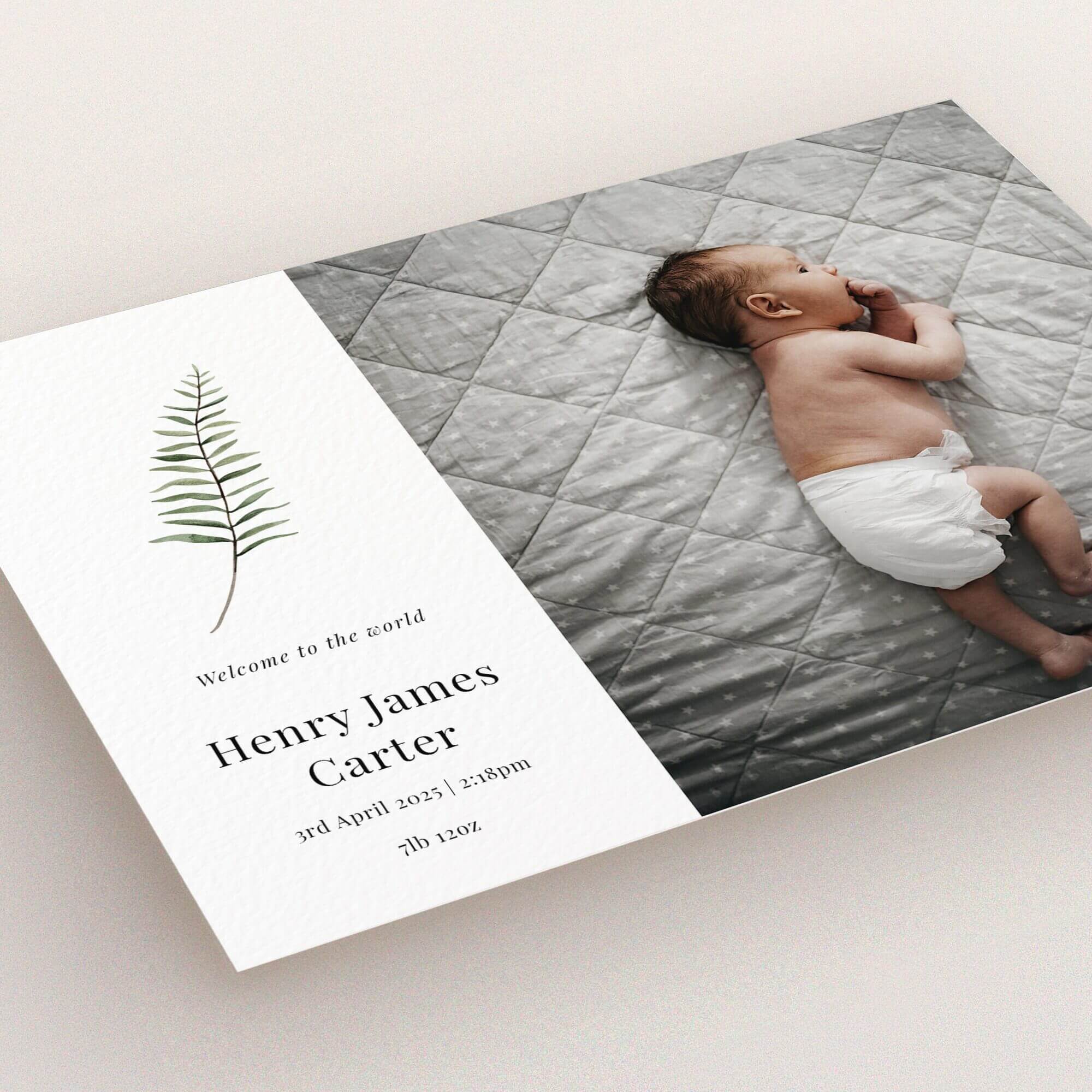 Elegant birth announcement card with one baby photo and botanical illustration, perfect for welcoming a new arrival.