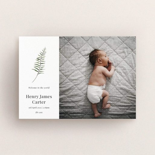 Elegant birth announcement card with one baby photo and botanical illustration, perfect for welcoming a new arrival.