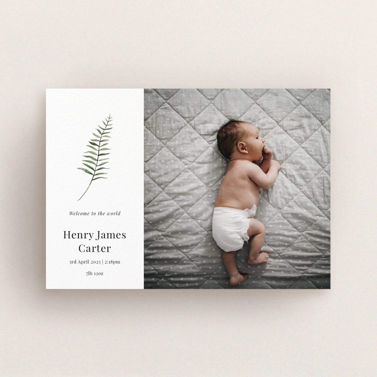 Elegant birth announcement card with one baby photo and botanical illustration, perfect for welcoming a new arrival.