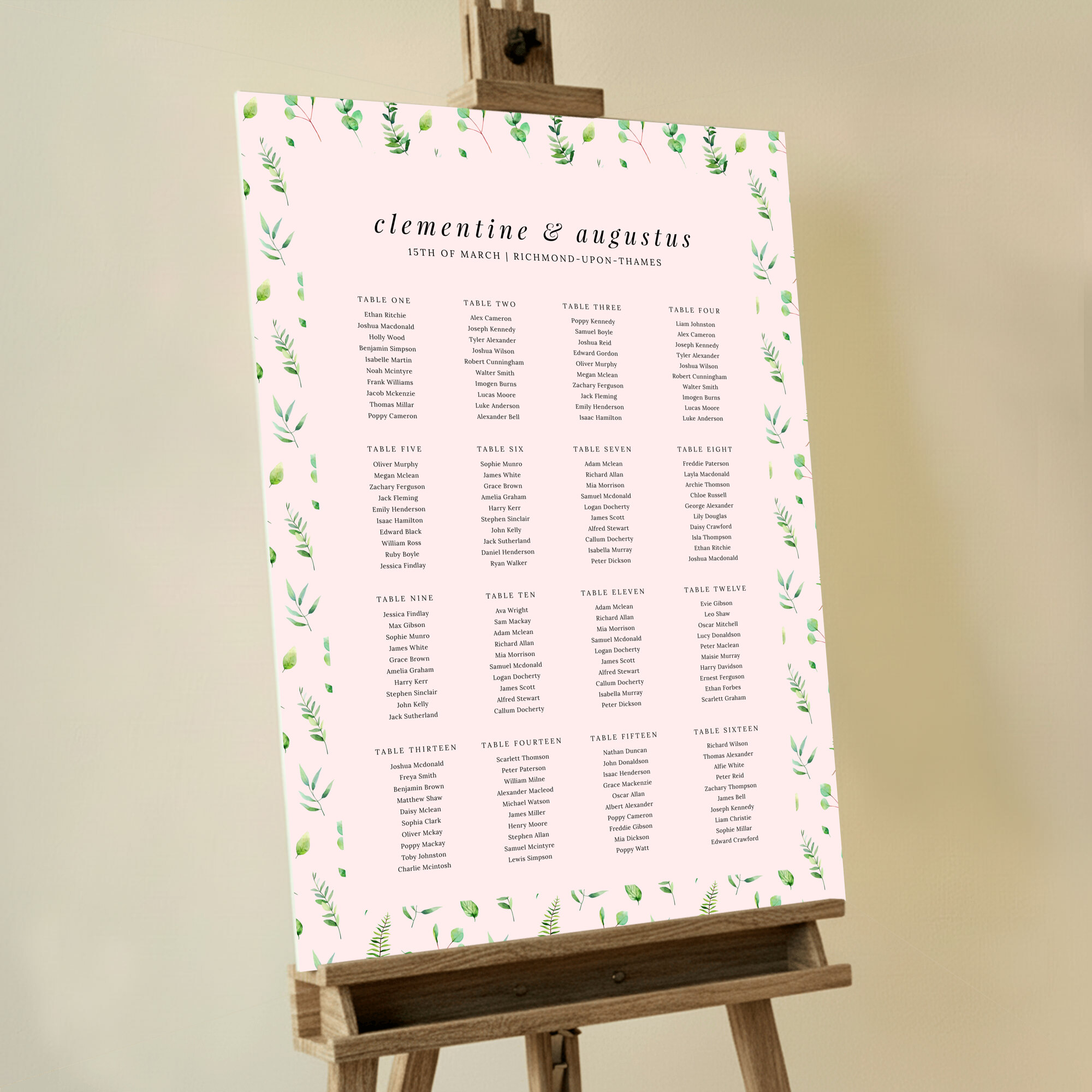 Custom Ferns and Petals Seating Charts with charming pink background and bright green fern leaf pattern, adding a touch of natural beauty to your wedding. This design has 16 tables.
