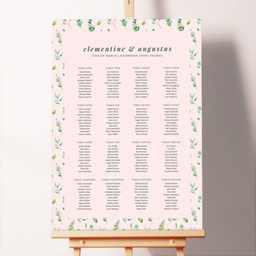 Custom Ferns and Petals Seating Charts with charming pink background and bright green fern leaf pattern, adding a touch of natural beauty to your wedding. This design has 16 tables.
