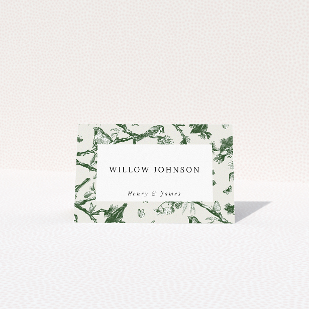 Fernway Birds suite place card template with intricate ferns and native birds in a timeless palette of soft greens and crisp white, harmonizing natural grace with understated sophistication This is a view of the front