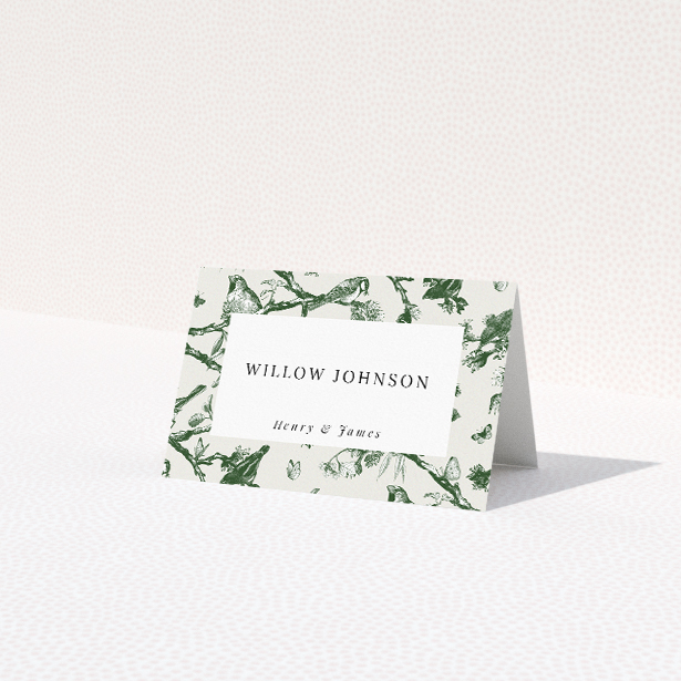 Fernway Birds suite place card template with intricate ferns and native birds in a timeless palette of soft greens and crisp white, harmonizing natural grace with understated sophistication This is a view of the front