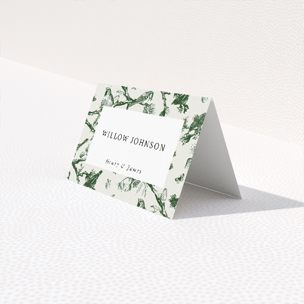 Fernway Birds suite place card template with intricate ferns and native birds in a timeless palette of soft greens and crisp white, harmonizing natural grace with understated sophistication This is a third view of the front