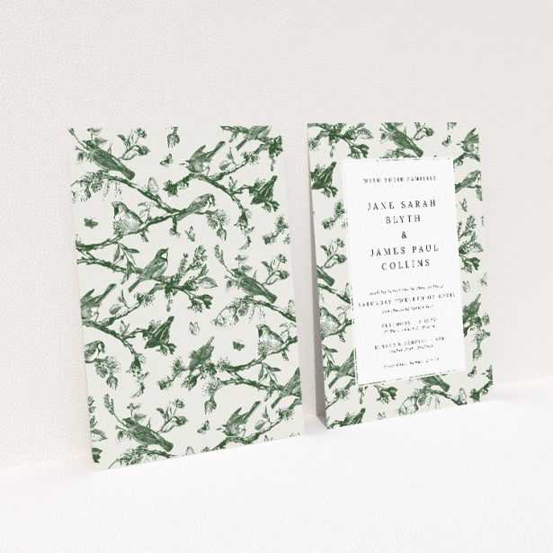Personalised wedding invitation template - Fernway Birds with ferns and native birds border. This image shows the front and back sides together