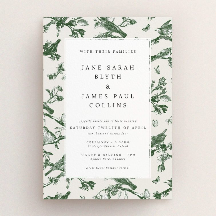 Personalised wedding invitation template - Fernway Birds with ferns and native birds border. This is a view of the front