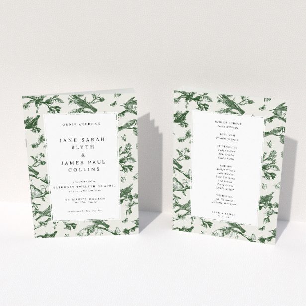 Botanical Fernway Birds Wedding Order of Service Booklet with Nature-inspired Illustrations. This image shows the front and back sides together