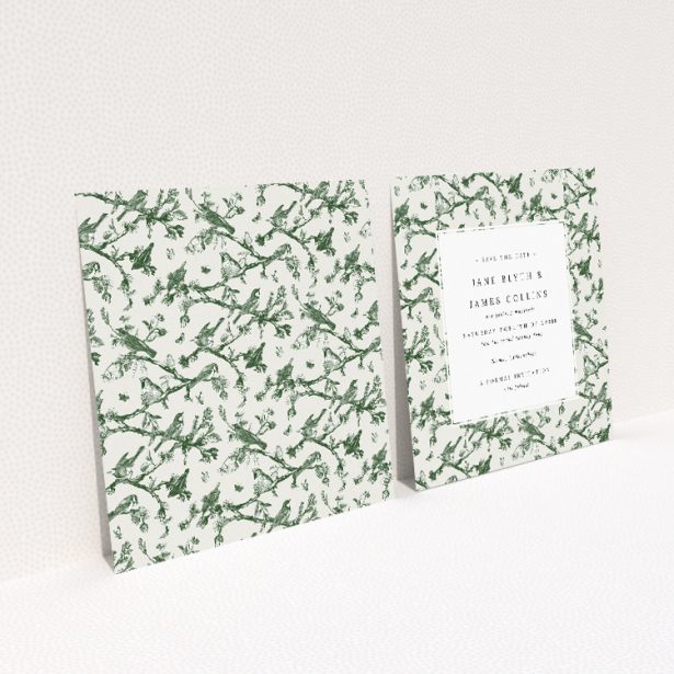 Fernway Birds wedding save the date card featuring countryside-inspired design with green ferns and delicate birds. This image shows the front and back sides together