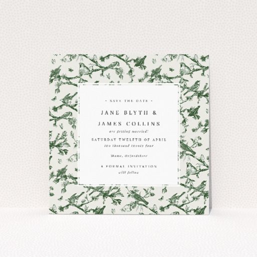 Fernway Birds wedding save the date card featuring countryside-inspired design with green ferns and delicate birds. This is a view of the front