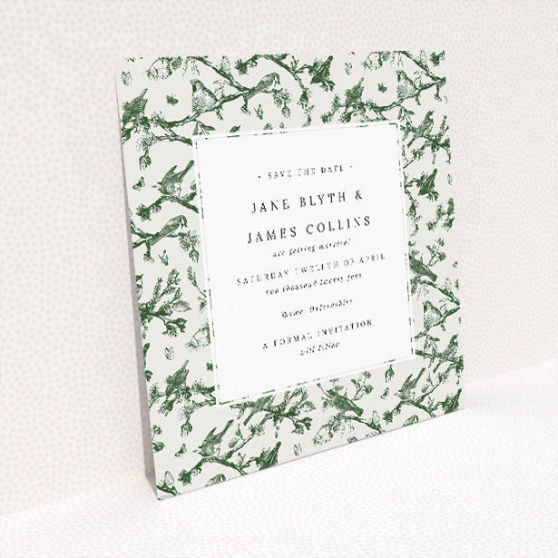 Fernway Birds wedding save the date card featuring countryside-inspired design with green ferns and delicate birds. This image shows the front and back sides together