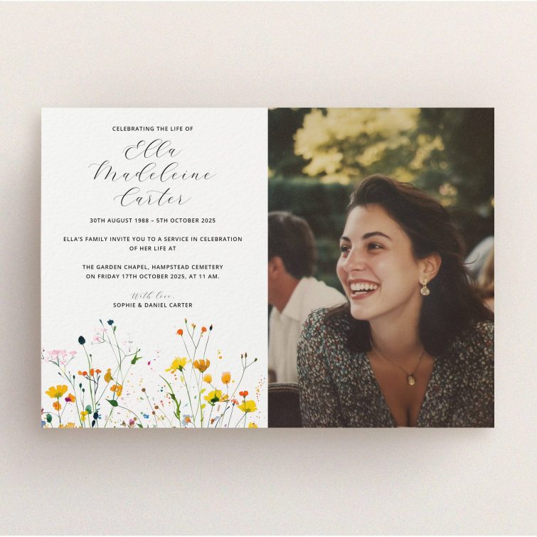 Funeral announcement design with floral border and one photo
