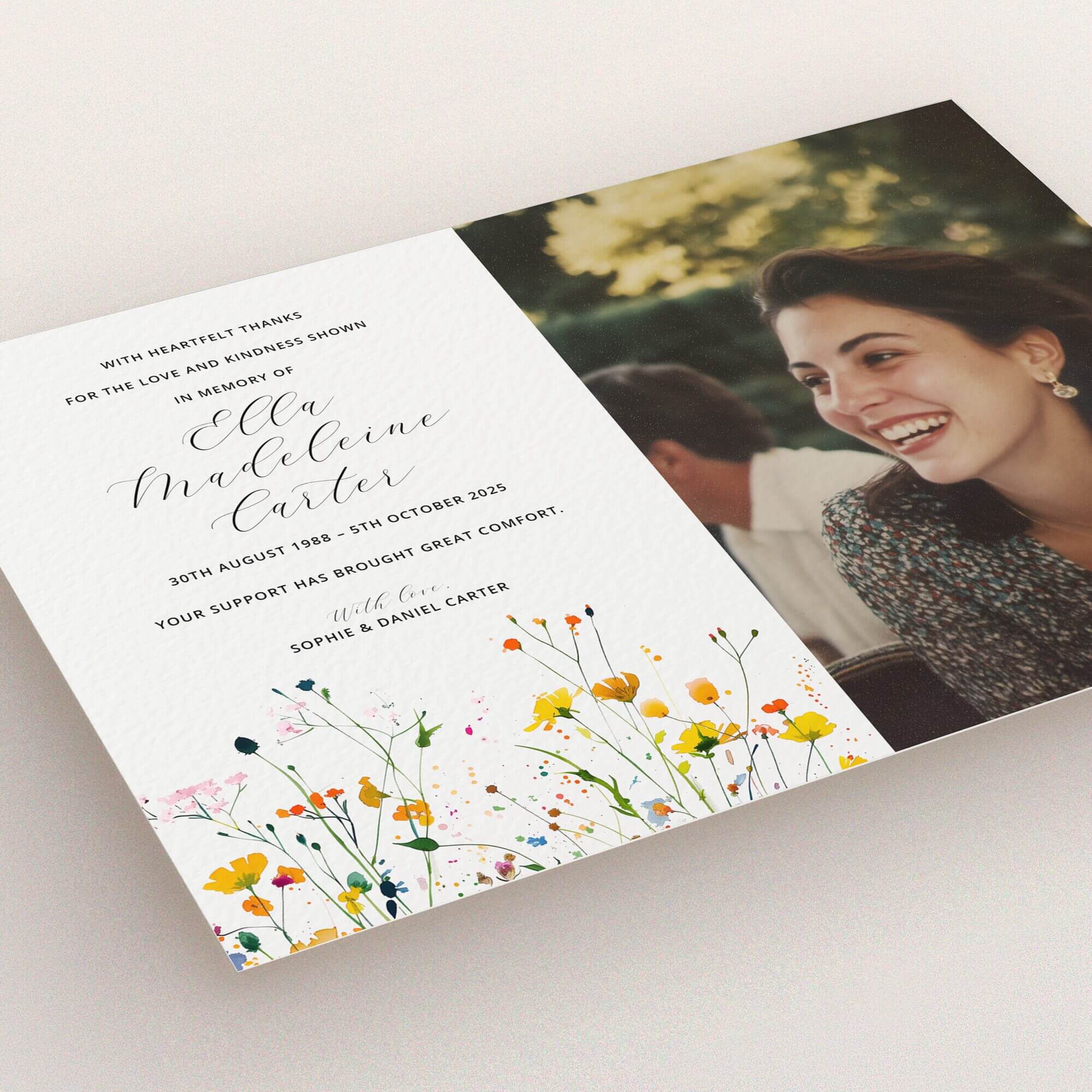 Floral funeral thank you card design with one photo and elegant typography for expressing gratitude.
