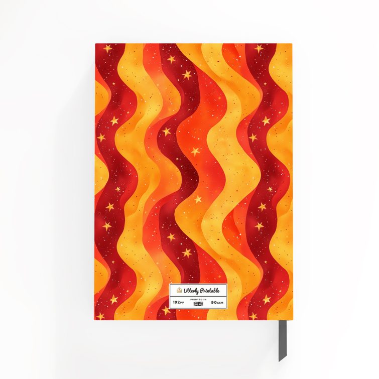 Vibrant wavy patterned notebooks design with two placeholder photos on full cover spread for personalisation.