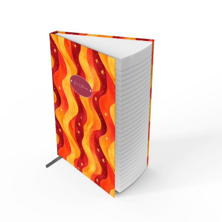 Vibrant wavy patterned notebooks design with two placeholder photos on full cover spread for personalisation.