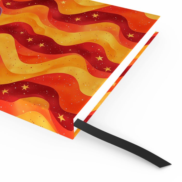 Vibrant wavy patterned notebooks design with two placeholder photos on full cover spread for personalisation.