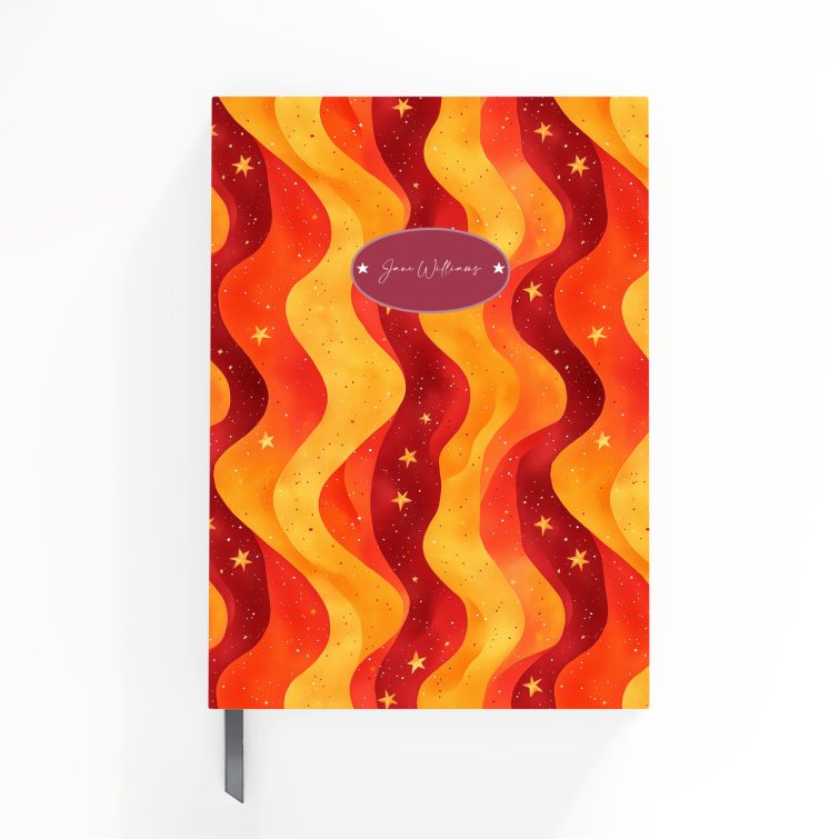 Vibrant wavy patterned notebooks design with two placeholder photos on full cover spread for personalisation.