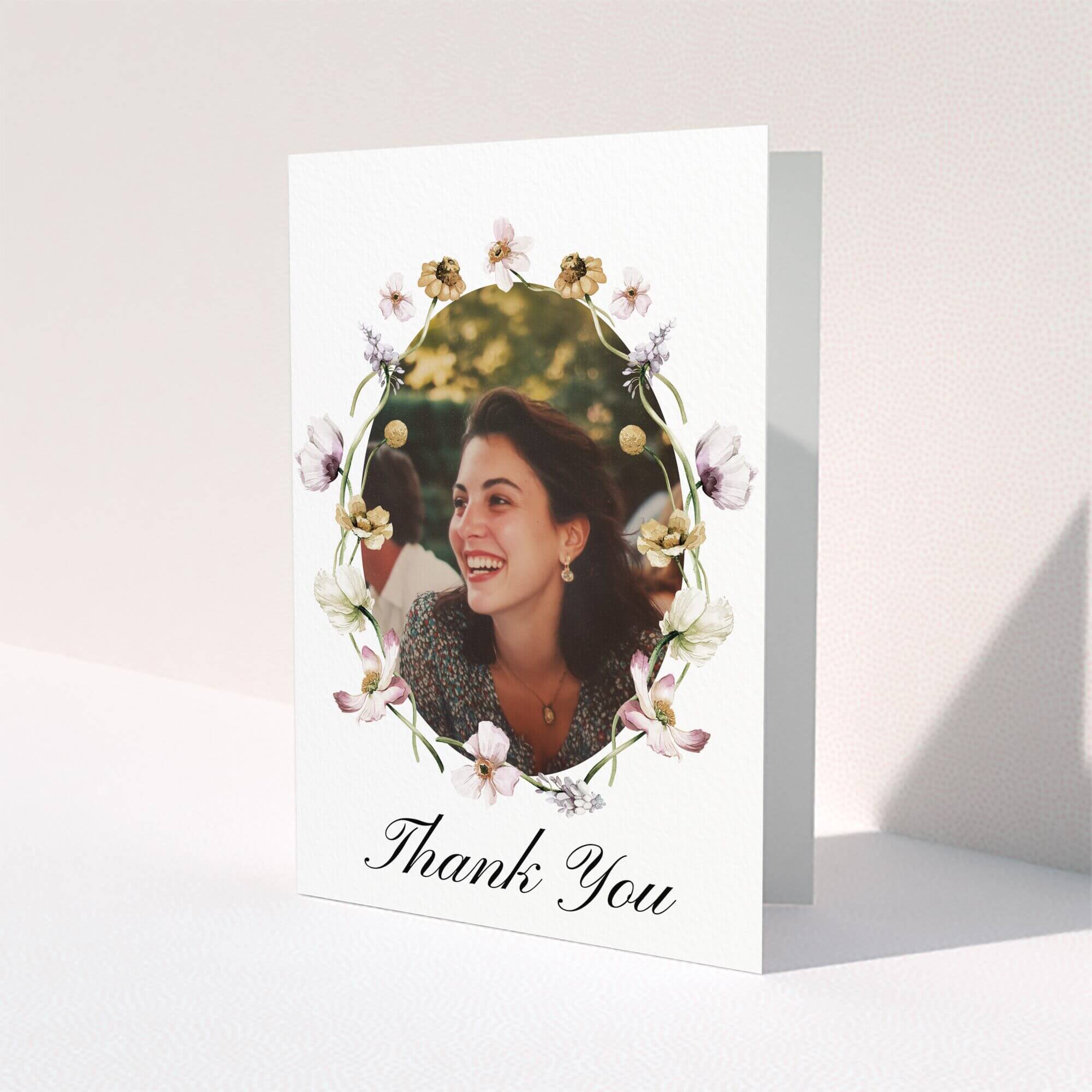 Floral funeral thank you card with one photo and elegant design.