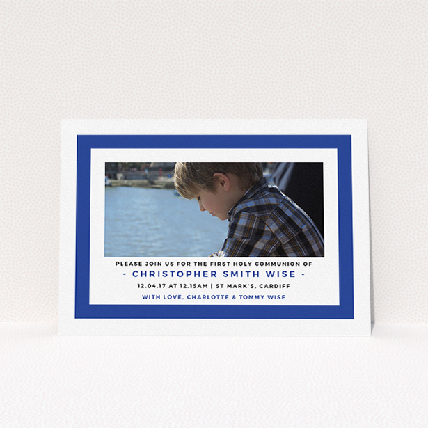 A first holy communion invitation design called "Big Blue". It is an A5 invite in a landscape orientation. It is a photographic first holy communion invitation with room for 1 photo. "Big Blue" is available as a flat invite, with tones of blue and white.