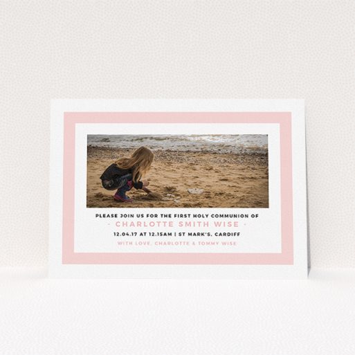 A first holy communion invitation design named "Big Pink". It is an A5 invite in a landscape orientation. It is a photographic first holy communion invitation with room for 1 photo. "Big Pink" is available as a flat invite, with tones of pink and white.