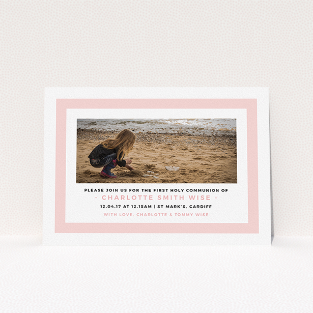 A first holy communion invitation design named "Big Pink". It is an A5 invite in a landscape orientation. It is a photographic first holy communion invitation with room for 1 photo. "Big Pink" is available as a flat invite, with tones of pink and white.