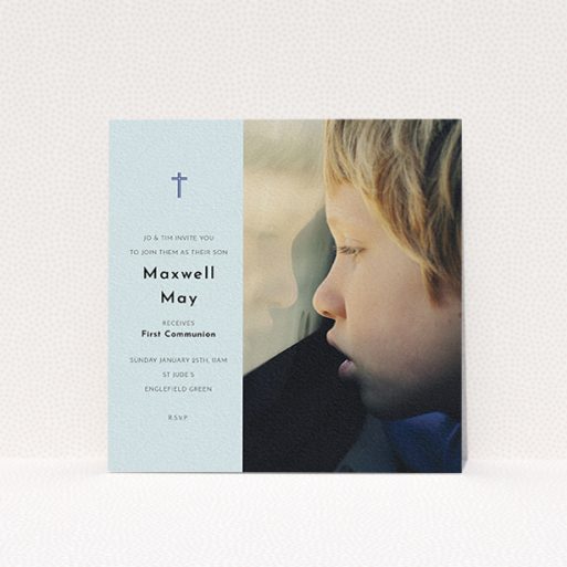 A first holy communion invitation template titled "Blue Side Frame". It is a square (148mm x 148mm) invite in a square orientation. It is a photographic first holy communion invitation with room for 1 photo. "Blue Side Frame" is available as a flat invite, with mainly blue colouring.