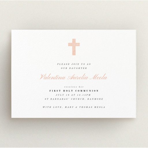 First Holy Communion Invitation Design - "Light Pink Cross" A first holy communion invitation design called "Light Pink Cross". It is an A5 invite in a landscape orientation. "Light Pink Cross" is available as a flat invite, with tones of white and pink.