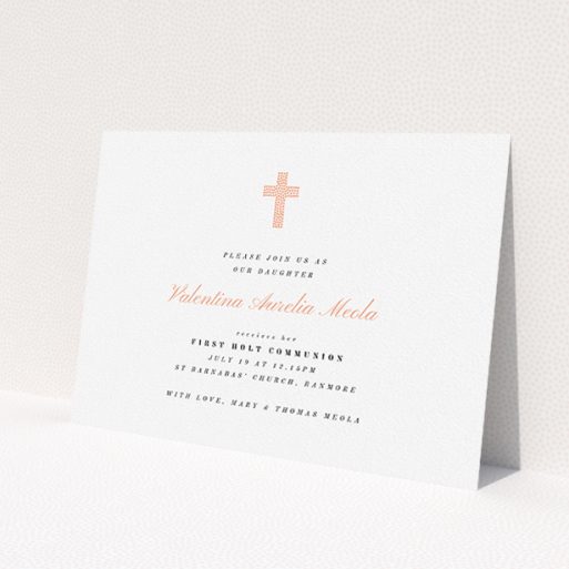 A first holy communion invitation design called 'Light Pink Cross'. It is an A5 invite in a landscape orientation. 'Light Pink Cross' is available as a flat invite, with tones of white and pink.