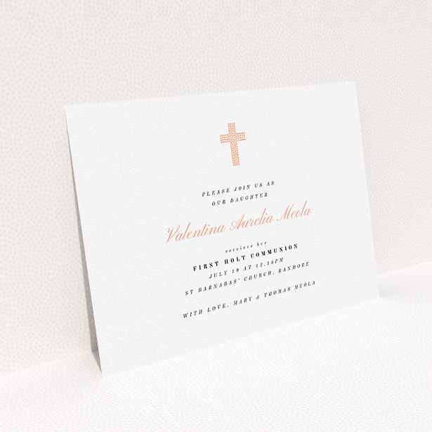 A first holy communion invitation design called "Light Pink Cross". It is an A5 invite in a landscape orientation. "Light Pink Cross" is available as a flat invite, with tones of white and pink.