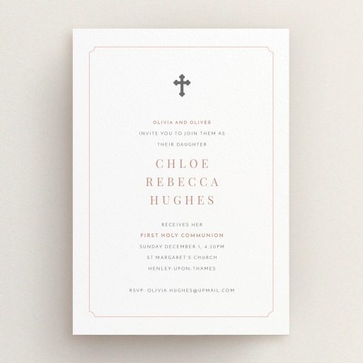 First Holy Communion Invitation Design - "Pink and Grey" A first holy communion invitation design named "Pink and Grey". It is an A5 invite in a portrait orientation. "Pink and Grey" is available as a flat invite, with mainly white colouring.
