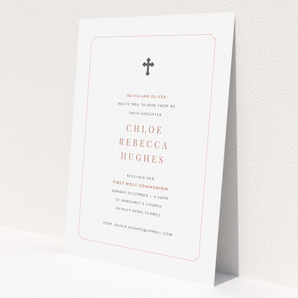 A first holy communion invitation design named "Pink and Grey". It is an A5 invite in a portrait orientation. "Pink and Grey" is available as a flat invite, with mainly white colouring.