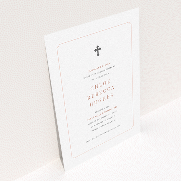 A first holy communion invitation design named "Pink and Grey". It is an A5 invite in a portrait orientation. "Pink and Grey" is available as a flat invite, with mainly white colouring.