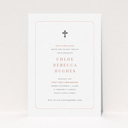 A first holy communion invitation design named "Pink and Grey". It is an A6 invite in a portrait orientation. "Pink and Grey" is available as a flat invite, with mainly white colouring.