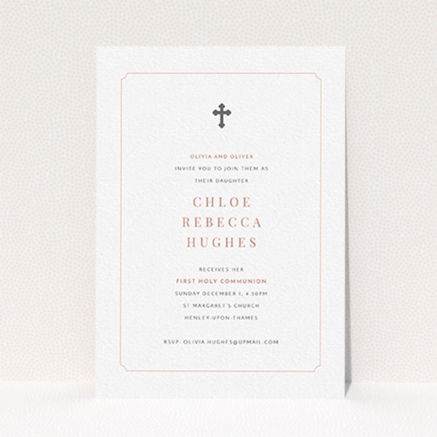A first holy communion invitation design named "Pink and Grey". It is an A6 invite in a portrait orientation. "Pink and Grey" is available as a flat invite, with mainly white colouring.