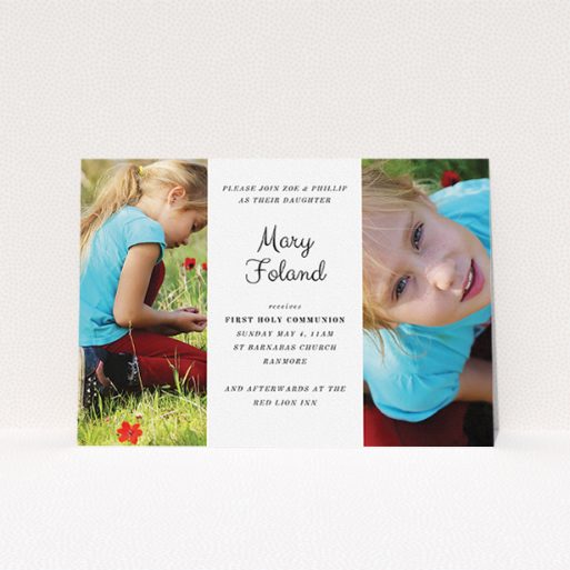 A first holy communion invitation design named "Sandwich Frame". It is an A5 invite in a landscape orientation. It is a photographic first holy communion invitation with room for 2 photos. "Sandwich Frame" is available as a flat invite, with mainly white colouring.