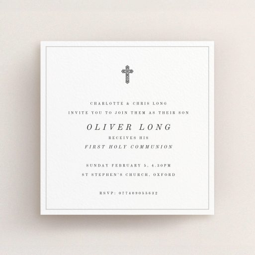 First Holy Communion Invitation Design - "Simple Grey Cross" A first holy communion invitation design named "Simple Grey Cross". It is a square (148mm x 148mm) invite in a square orientation. "Simple Grey Cross" is available as a flat invite, with tones of white and black.