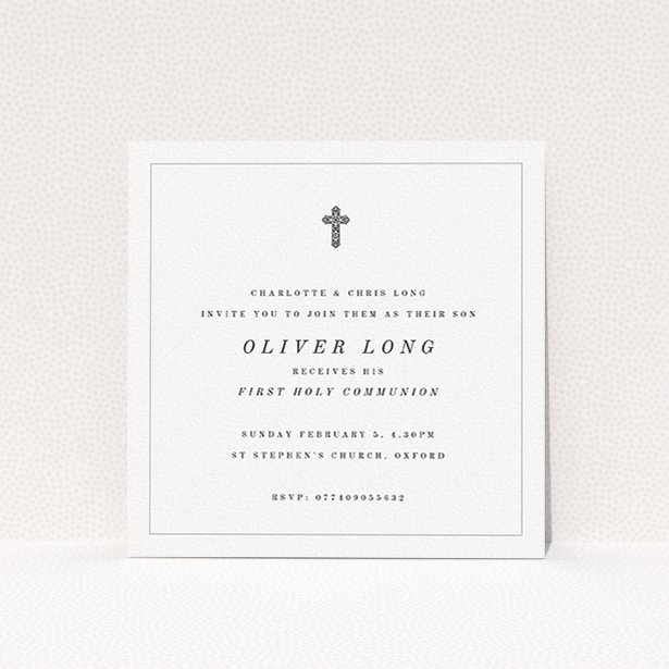 A first holy communion invitation design named "Simple Grey Cross". It is a square (148mm x 148mm) invite in a square orientation. "Simple Grey Cross" is available as a flat invite, with tones of white and black.