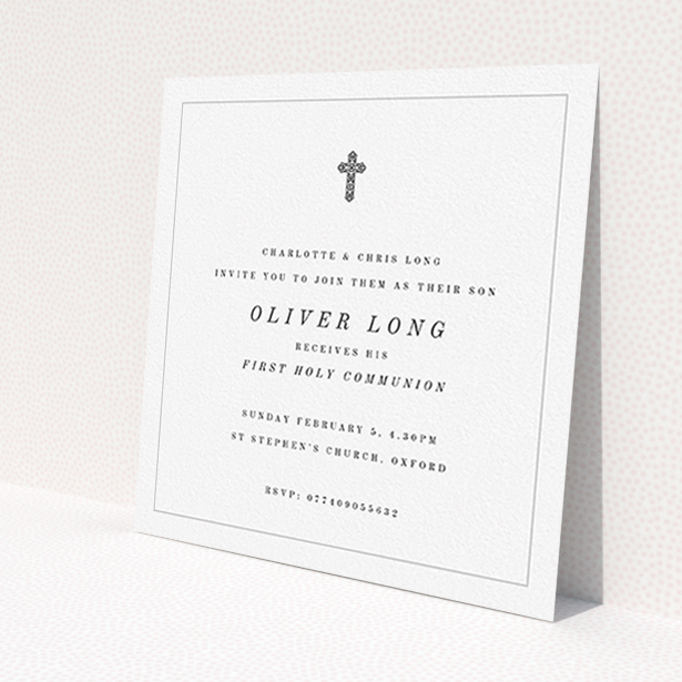A first holy communion invitation design named 'Simple Grey Cross'. It is a square (148mm x 148mm) invite in a square orientation. 'Simple Grey Cross' is available as a flat invite, with tones of white and black.
