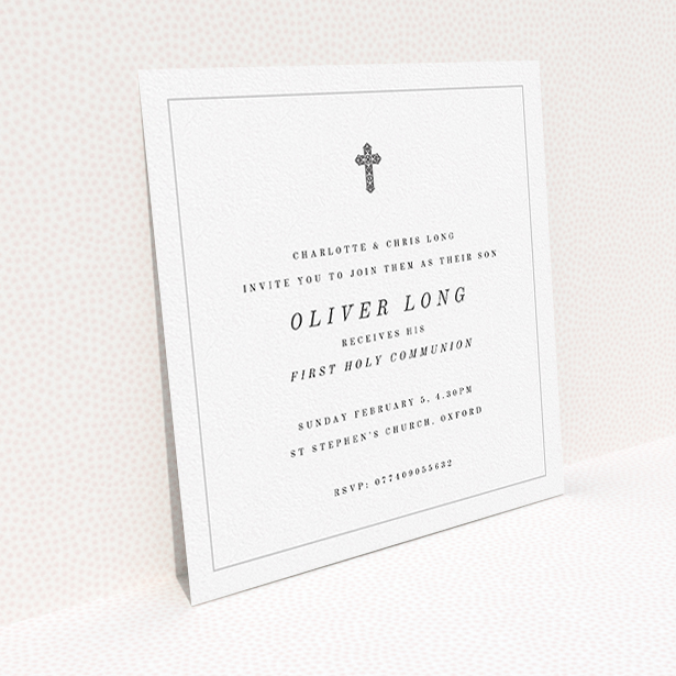 A first holy communion invitation design named "Simple Grey Cross". It is a square (148mm x 148mm) invite in a square orientation. "Simple Grey Cross" is available as a flat invite, with tones of white and black.