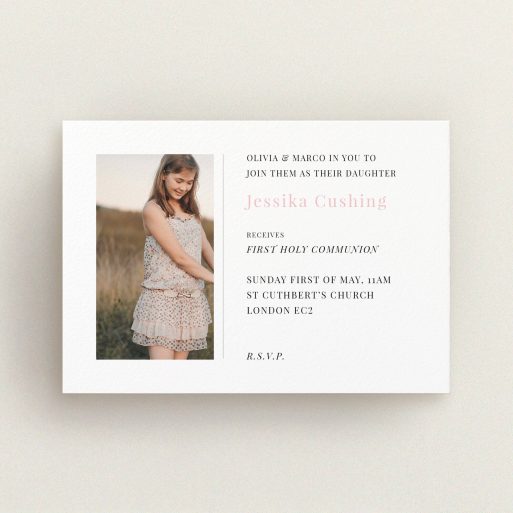 First Holy Communion Invitation Design - "Simple Side Frame" A first holy communion invitation called "Simple Side Frame". It is an A6 invite in a landscape orientation. It is a photographic first holy communion invitation with room for 1 photo. "Simple Side Frame" is available as a flat invite, with tones of white and pink.