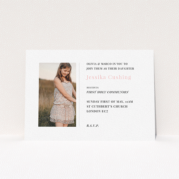 A first holy communion invitation called "Simple Side Frame". It is an A6 invite in a landscape orientation. It is a photographic first holy communion invitation with room for 1 photo. "Simple Side Frame" is available as a flat invite, with tones of white and pink.