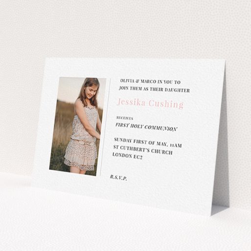 A first holy communion invitation called 'Simple Side Frame'. It is an A6 invite in a landscape orientation. It is a photographic first holy communion invitation with room for 1 photo. 'Simple Side Frame' is available as a flat invite, with tones of white and pink.