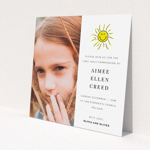 A first holy communion invitation design named 'Smiling Sun'. It is a square (148mm x 148mm) invite in a square orientation. It is a photographic first holy communion invitation with room for 1 photo. 'Smiling Sun' is available as a flat invite, with tones of white and yellow.