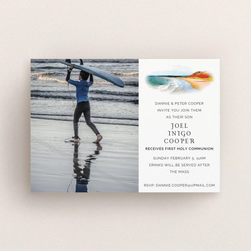 First Holy Communion Invitation Design - "Watercolour Bay" A first holy communion invitation design named "Watercolour Bay". It is an A6 invite in a landscape orientation. It is a photographic first holy communion invitation with room for 1 photo. "Watercolour Bay" is available as a flat invite, with tones of white, orange and light blue.
