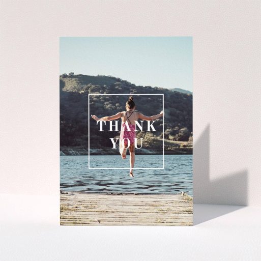 First Holy Communion Thank You Card Design - "Central Thanks" A first holy communion thank you card design named "Central Thanks". It is an A6 card in a portrait orientation. It is a photographic first holy communion thank you card with room for 1 photo. "Central Thanks" is available as a folded card, with mainly white colouring.
