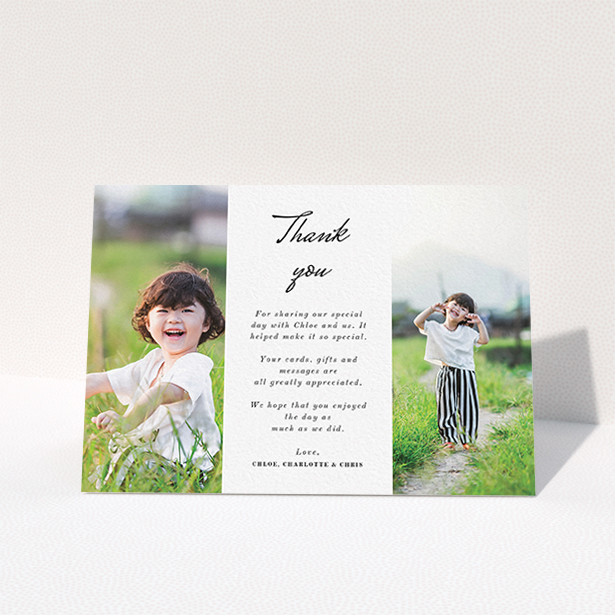 A first holy communion thank you card design titled "Landscape Sandwich Frame". It is an A6 card in a landscape orientation. It is a photographic first holy communion thank you card with room for 2 photos. "Landscape Sandwich Frame" is available as a folded card, with mainly white colouring.