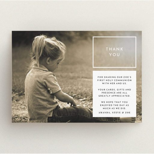 First Holy Communion Thank You Card Design - "Modern Side Frame" A first holy communion thank you card design titled "Modern Side Frame". It is an A5 card in a landscape orientation. It is a photographic first holy communion thank you card with room for 1 photo. "Modern Side Frame" is available as a flat card, with mainly white colouring.