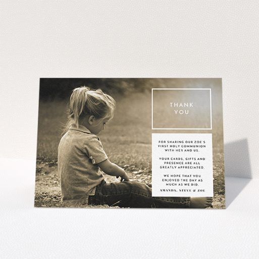 A first holy communion thank you card template titled "Modern Side Frame". It is an A6 card in a landscape orientation. It is a photographic first holy communion thank you card with room for 1 photo. "Modern Side Frame" is available as a folded card, with mainly white colouring.