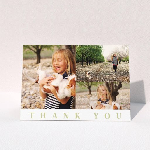 First Holy Communion Thank You Card Design - "One and Two Half Frames" A first holy communion thank you card named "One and Two Half Frames". It is an A6 card in a landscape orientation. It is a photographic first holy communion thank you card with room for 3 photos. "One and Two Half Frames" is available as a folded card, with tones of white and gold.
