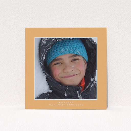 A first holy communion thank you card named "Orange and Mint". It is a square (148mm x 148mm) card in a square orientation. It is a photographic first holy communion thank you card with room for 1 photo. "Orange and Mint" is available as a flat card, with tones of orange and blue.