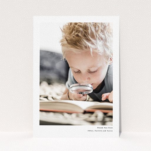 A first holy communion thank you card called "Simple Portrait". It is an A6 card in a portrait orientation. It is a photographic first holy communion thank you card with room for 1 photo. "Simple Portrait" is available as a flat card, with mainly white colouring.